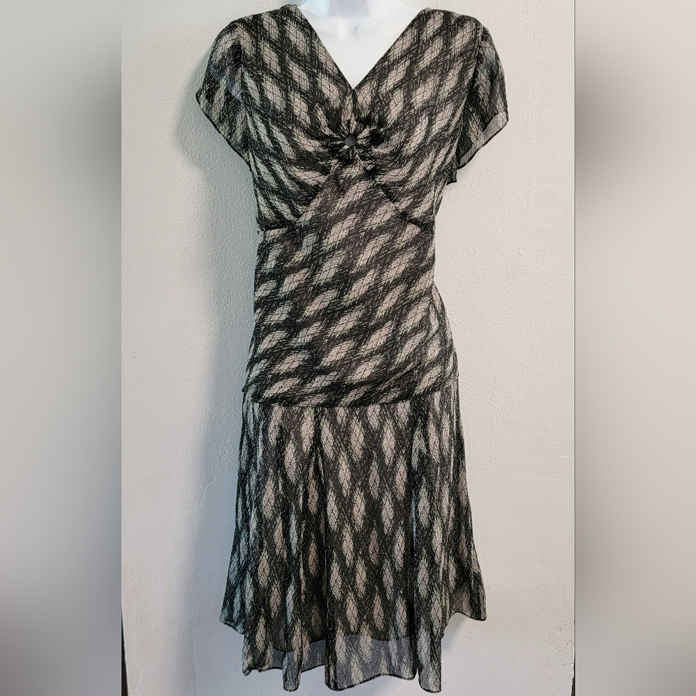 100% Silk Y2K Jones New York Geometric A-line Skirt Set Cap Sleeve Forest Fairy